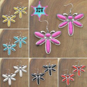 Brand NEW Dragonfly Natural Stone Turquoise Pink Red Western Cowgirl Earrings